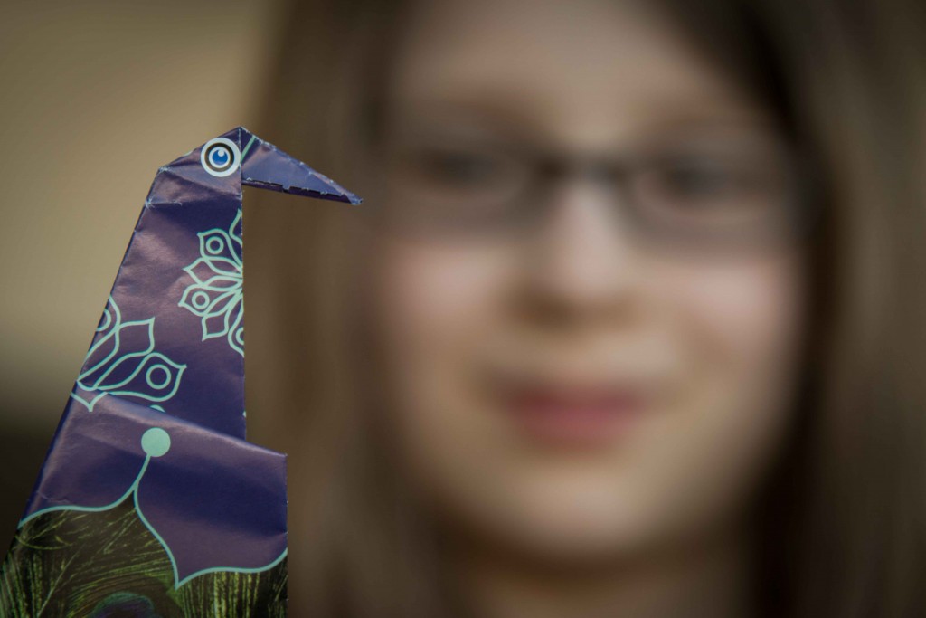 Phoenix kept herself busy at the United Club in Newark with origami peacocks.