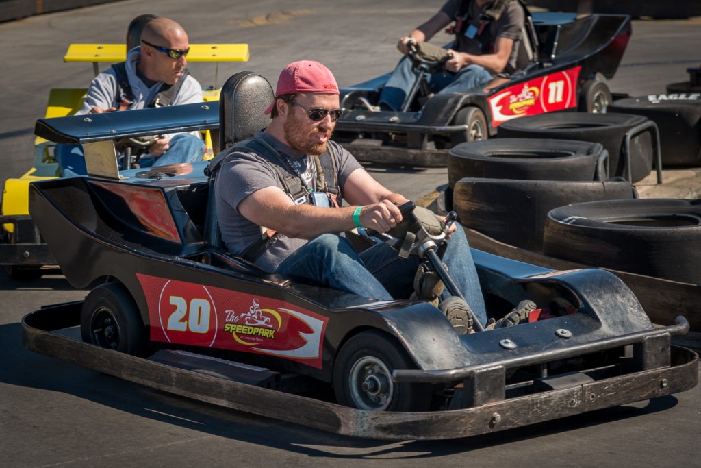 One of our fellow ICC'ers leads a desperate pack of go-kart racers around a tight turn.