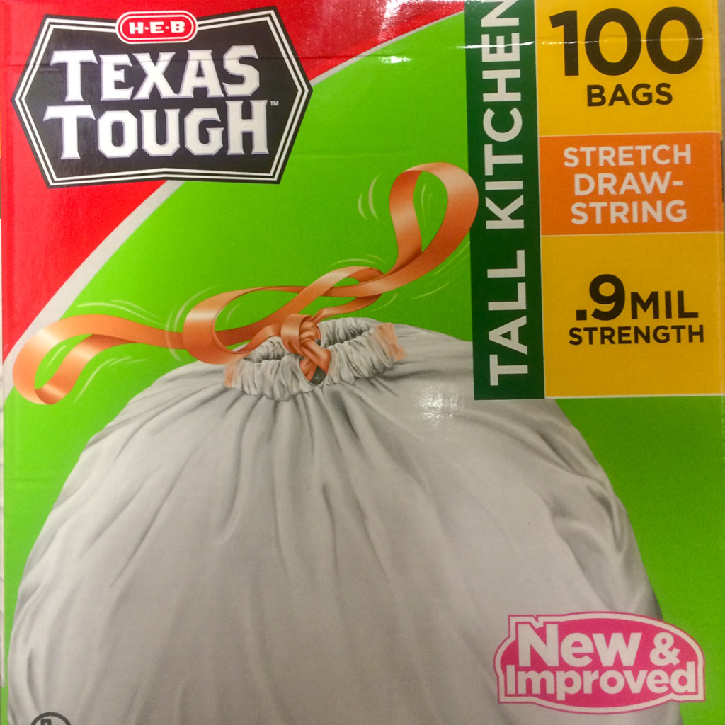 You may see branding, or the beauty of HEB (it's a Texas thing), but I see something completely different: There are more garbage bags in this box than we can use in the time we have remaining in Texas. Yikes!  