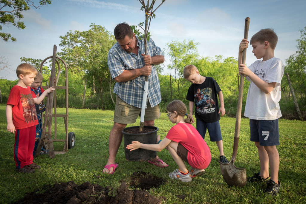 Pawpaw (Dale's dad) works with the Peacock kids to plant the first tree.