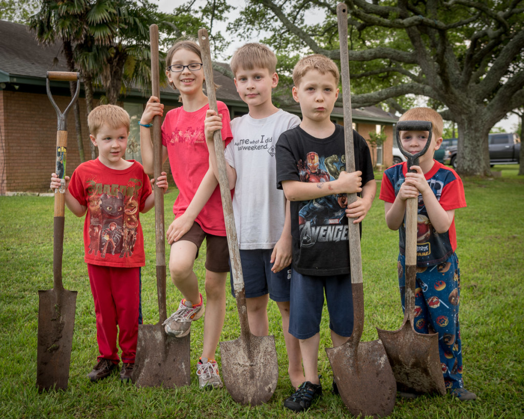 After a long day of tree-planting, the Peacock kids (Nightcrawler, Phoenix, Cyclops, Wolverine & Beast) pause for a moment with their shovels.