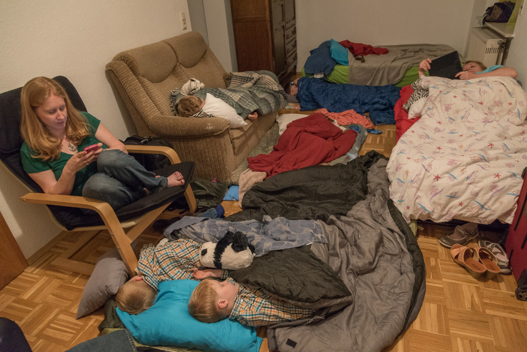 We were blessed to make some new friends who had a vacant efficiency apartment available on the day we arrived, so everyone crammed in and crashed in the wee hours of Tuesday morning. Can you find everyone?